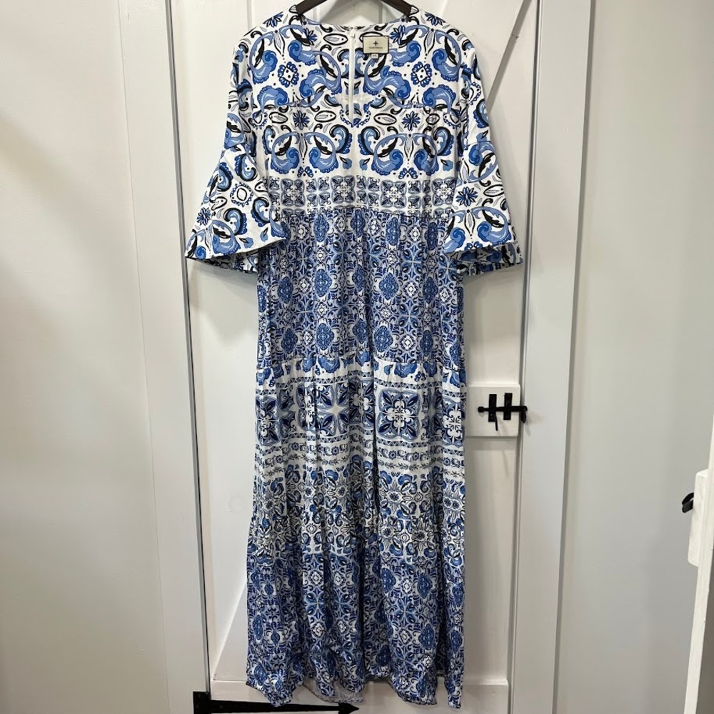 Tuckernuck Womens Dress Plus Size XXL Majolica Tile Ginger Maxi Tier Bell Sleeve